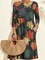 Robe midi ample à imprimé feuilles, col rond et manches 3/4