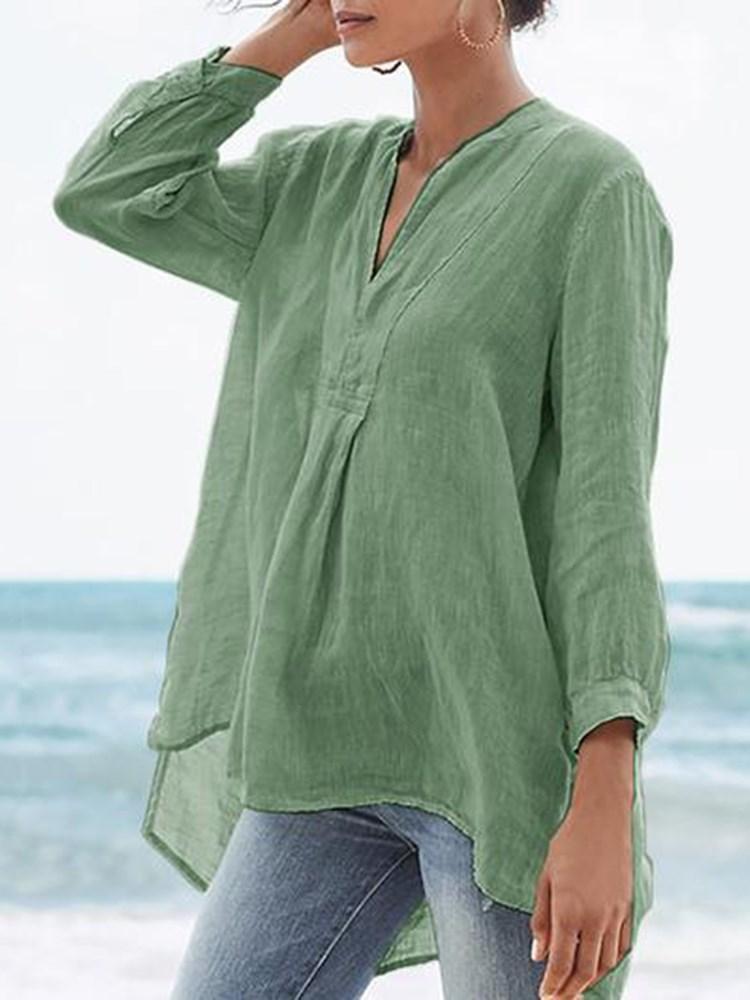 Asymmetric Plain V-Neck Mid-Length Nine Points Sleeve Blouse