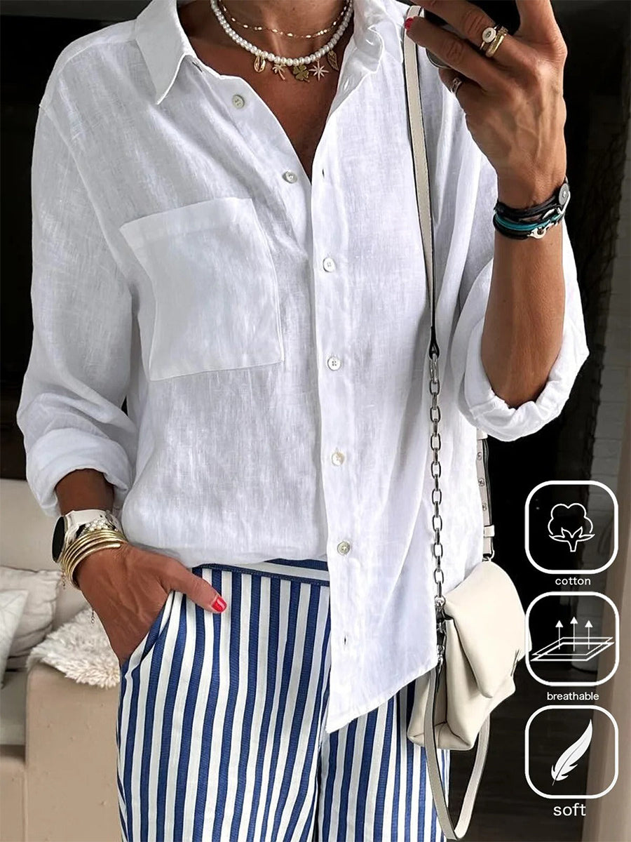 Chemise blanche Daily à manches longues boutonnée, poche et col en V