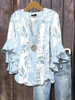 Chemisier décontracté à imprimé feuilles, col en V et manches courtes