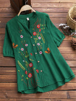 Cotton Floral Print Casual V-neck Short Sleeve Blouse