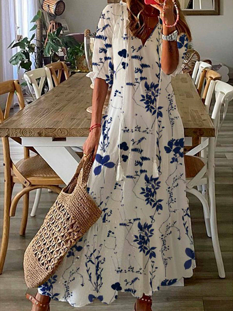 Robe maxi décontractée à col V bleue à fleurs