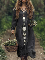 Robe maxi noire confortable à manches longues et col en V, motif ciel étoilé