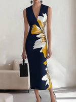 Elegant Floral Print V-neck Sleeveless Maxi Dress