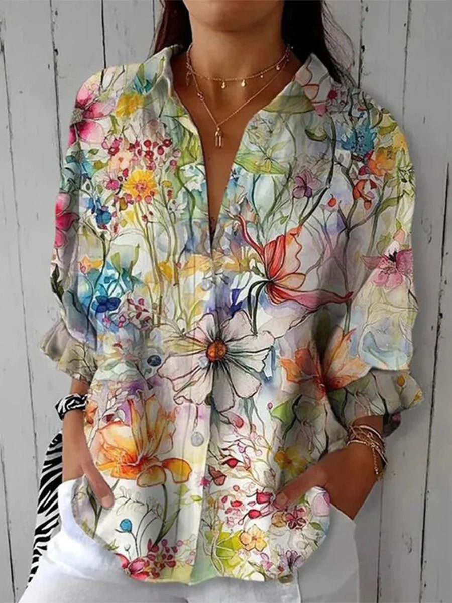 Floral Print Lapel Long Sleeve Shirt