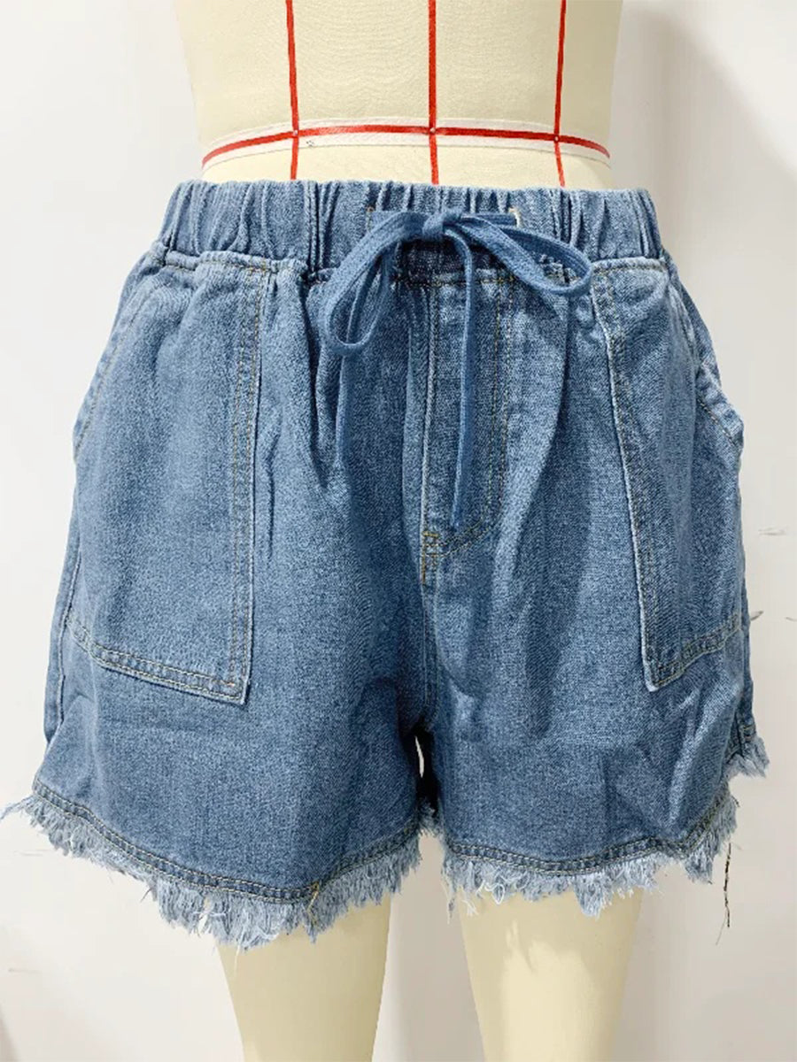 Lässige Jeansshorts mit Kordelzug, hohem Bund und Fransen