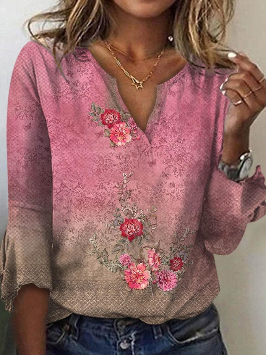 Süßes rosa Oberteil mit Blumenmuster, V-Ausschnitt und 3/4-Ärmeln