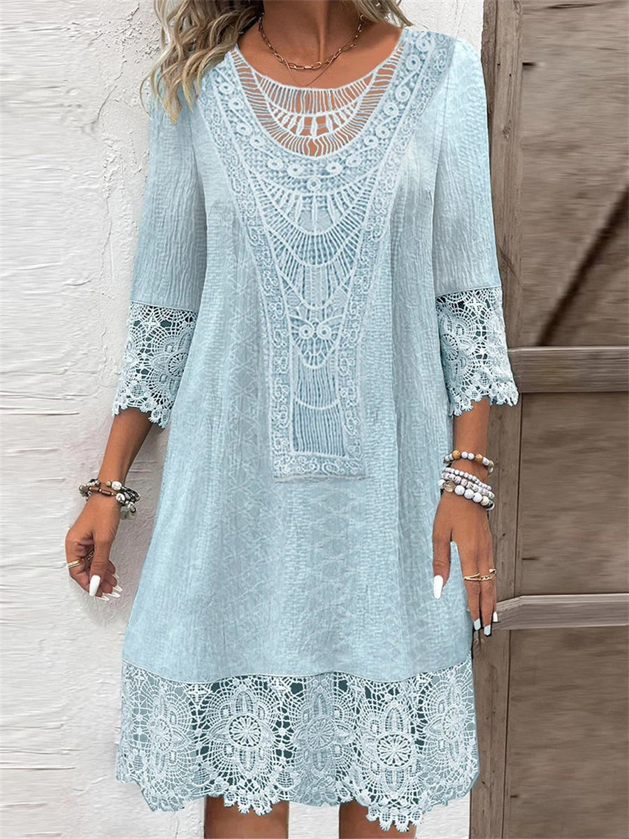 Robe midi unie en dentelle, manches 3/4 et col rond pour femme