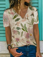 Floral Print V-neck Short Sleeve T-shirt