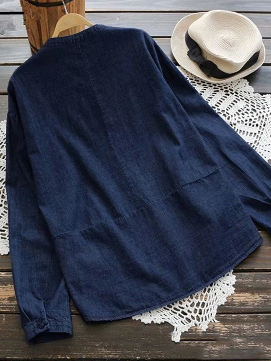 Leisure Stand Up Collar Washed Denim Irregular Long Sleeved Shirt