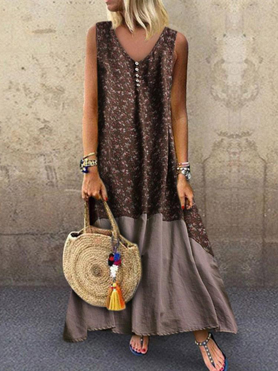 Floral Print Patchwork V-neck Sleeveless Maxi Dress