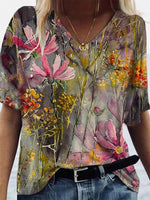 Floral Print V-neck Short Sleeves Casual T-shirt