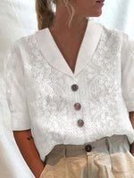 Women’s Cotton Short Sleeve Embroidered Lace Floral Button Front Blouse