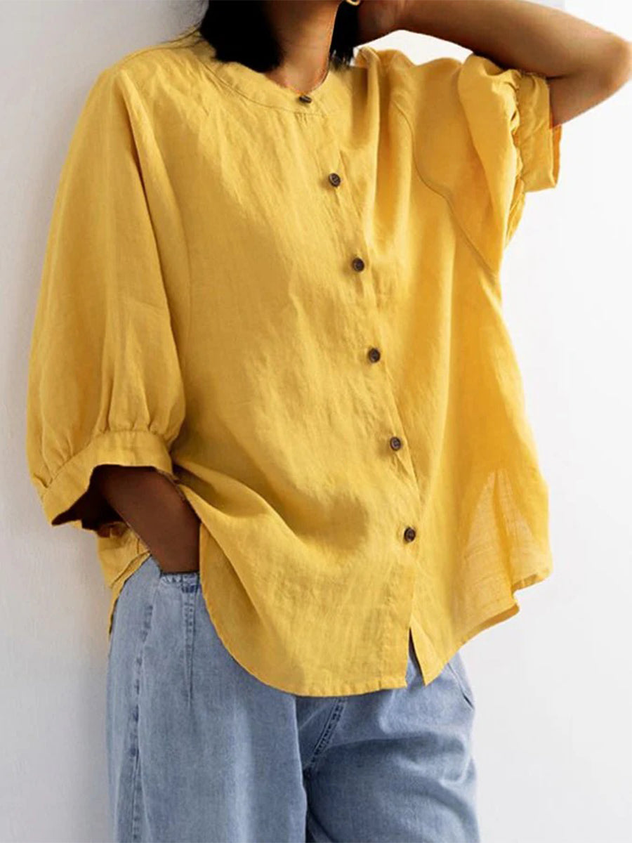 Chemise rétro ample à manches courtes et manches lanternes, couleur unie, en coton et lin pour femme