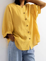 Chemise rétro ample à manches courtes et manches lanternes, couleur unie, en coton et lin pour femme