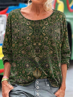 Ethnic Printed Round Neck Long Sleeve Loose T-shirt
