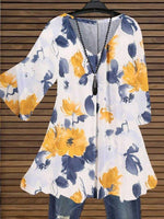 3/4 Sleeve V Neck Floral Printed Tunic Tops