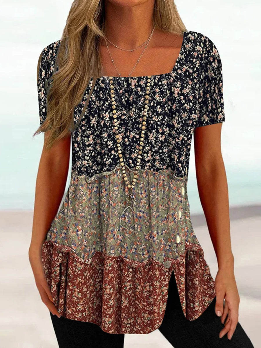 Short Sleeve U-neck Floral Printed Stitching Top