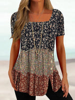 Short Sleeve U-neck Floral Printed Stitching Top