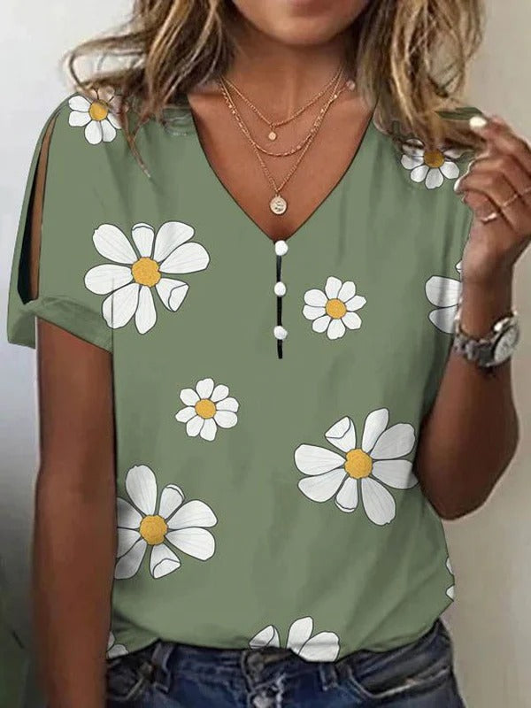 Green Casual V Neck Floral Printed Short Sleeve Blouse