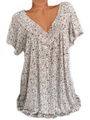 Print Floral Short Sleeve V-neck Blouse