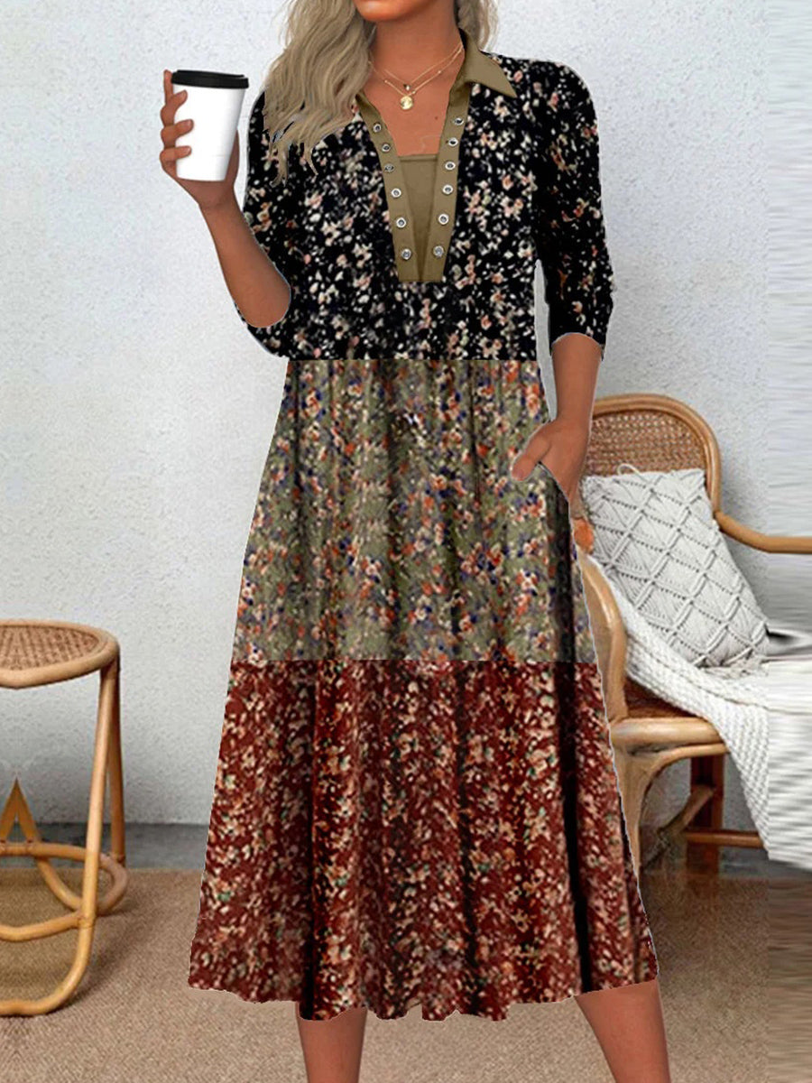 Robe midi à manches longues et col rond pour femme, imprimée de fleurs graphiques