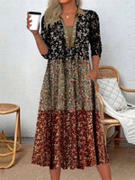 Robe midi à manches longues et col rond pour femme, imprimée de fleurs graphiques