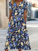 Floral V Neck Short Sleeve Pocket Midi Dress