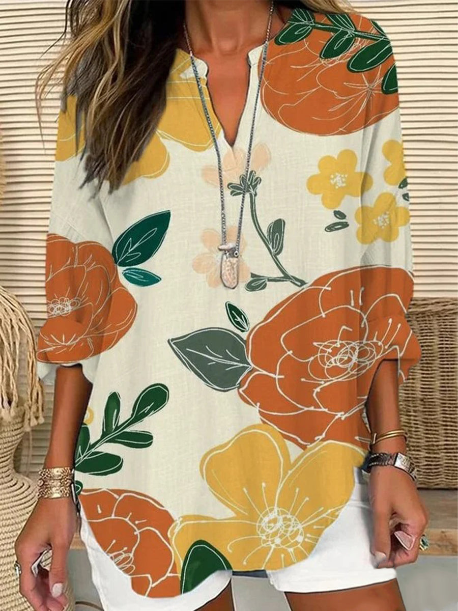 Chemise à manches longues et col en V décontractée à imprimé floral rétro pour femme