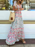 V-neck Short Sleeve Floral Bohemia Maxi Dress