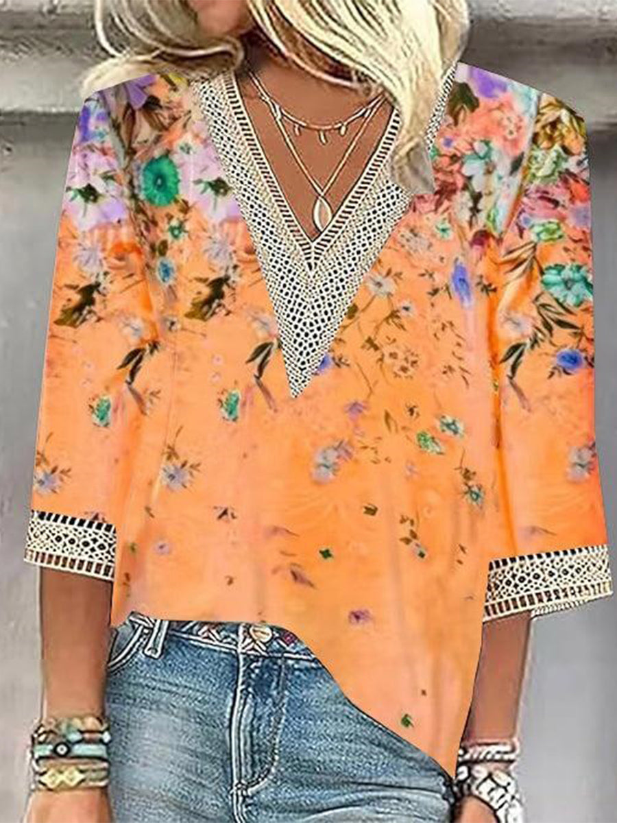 Leuchtend orangefarbenes Top mit V-Ausschnitt und 3/4-Ärmeln