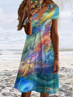 Blaue Freizeitkleider mit V-Ausschnitt und Ombré-Brillanz, kurze Ärmel