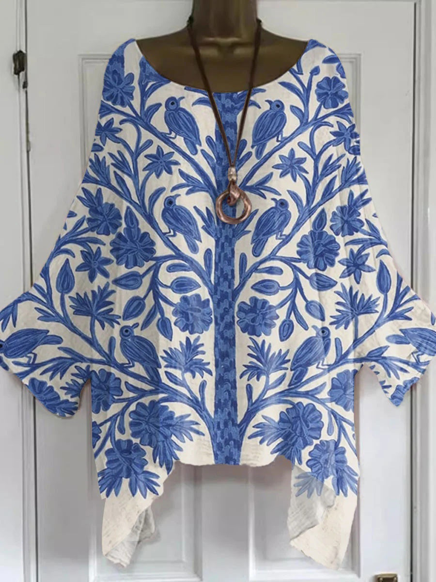 Women's Vintage Tree Art Print Round Neck Long Sleeve Shirt