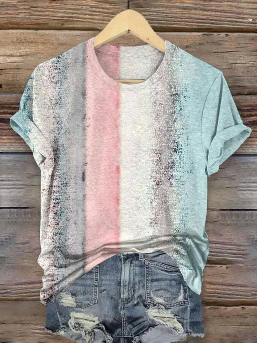 Gradient Colour Block Round Neck Short Sleeve T-Shirt