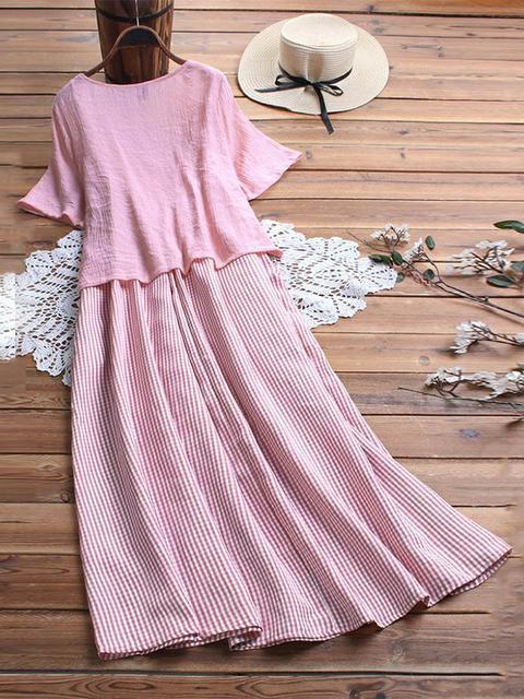 Short Sleeve Round Neck Plaid Casual Summer Two Piece Maxi Dress