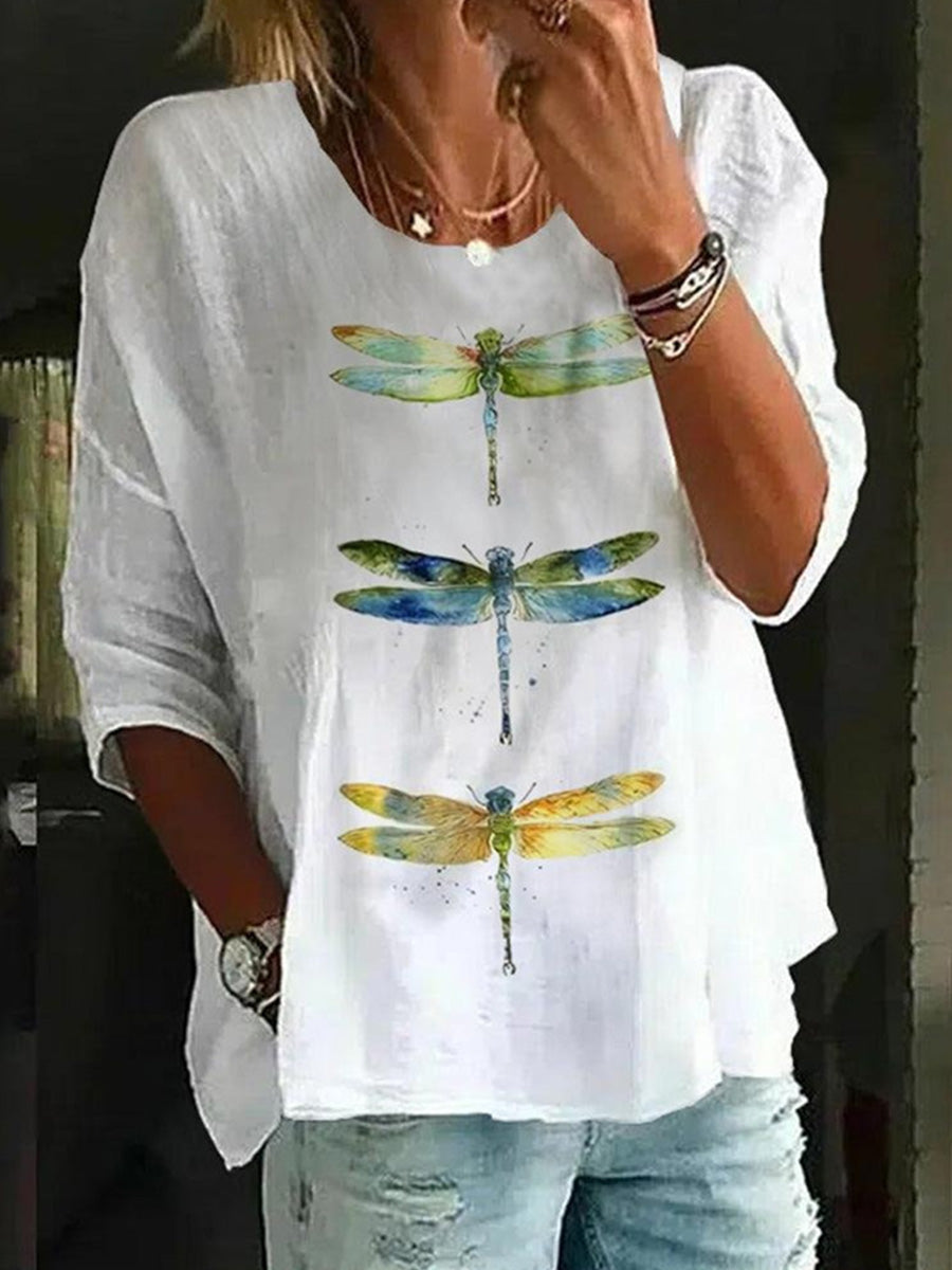 Women’s Dragonfly Print Casual Loose Short Sleeve Top
