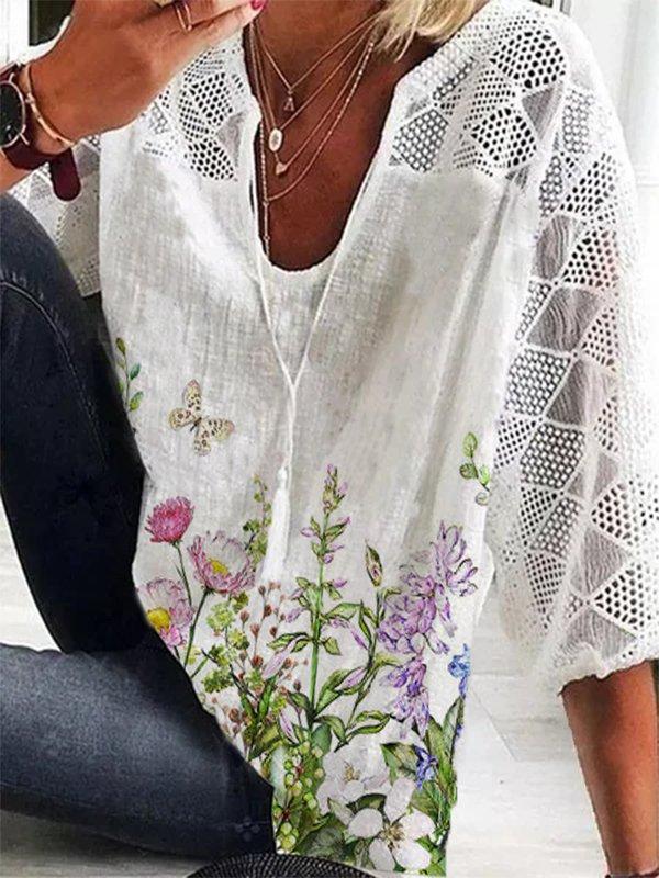 Floral Print Casual V Neck 3/4 Sleeve Blouse