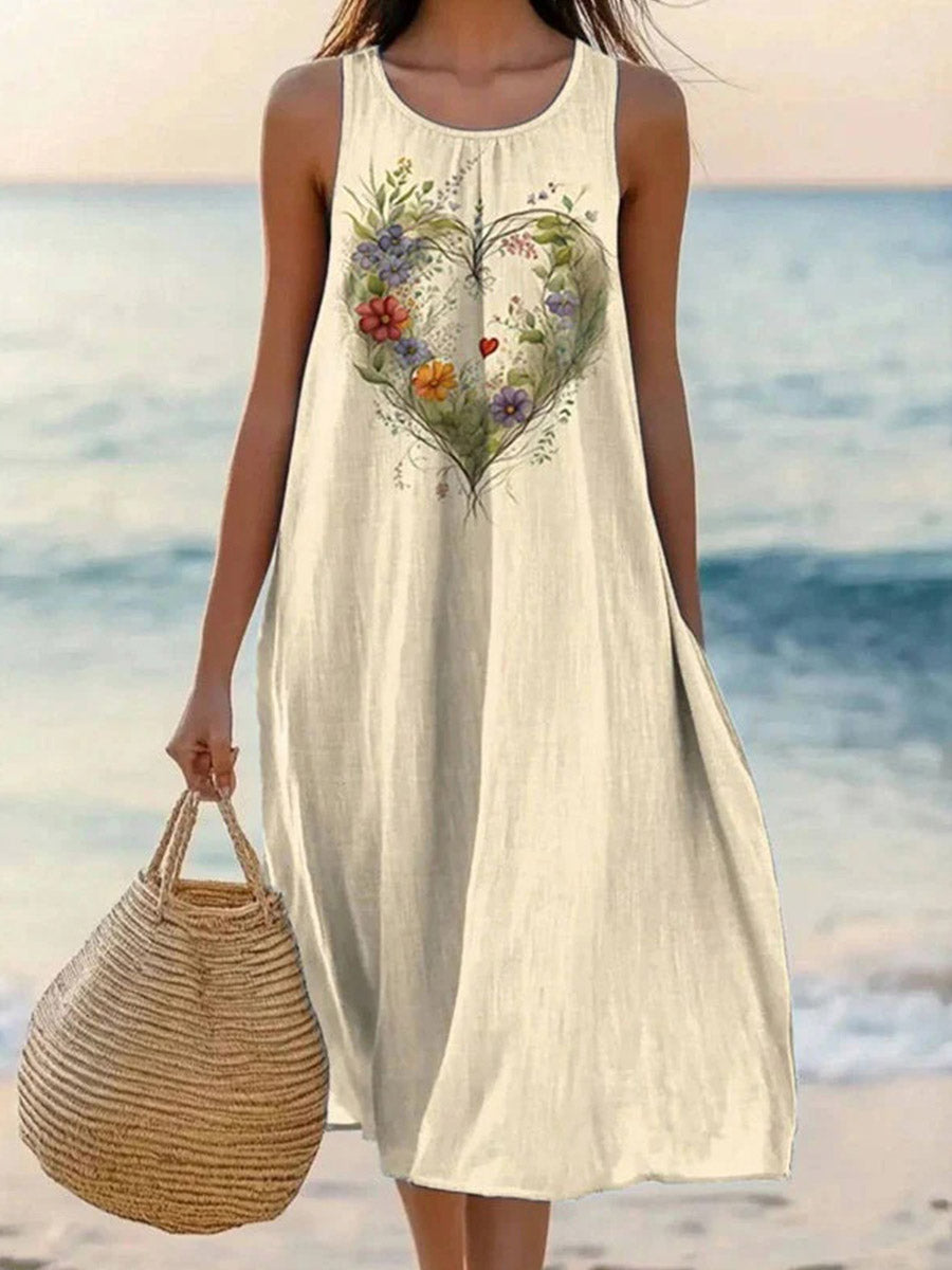 Vintage Heart Print Round Neck Sleeveless Dress