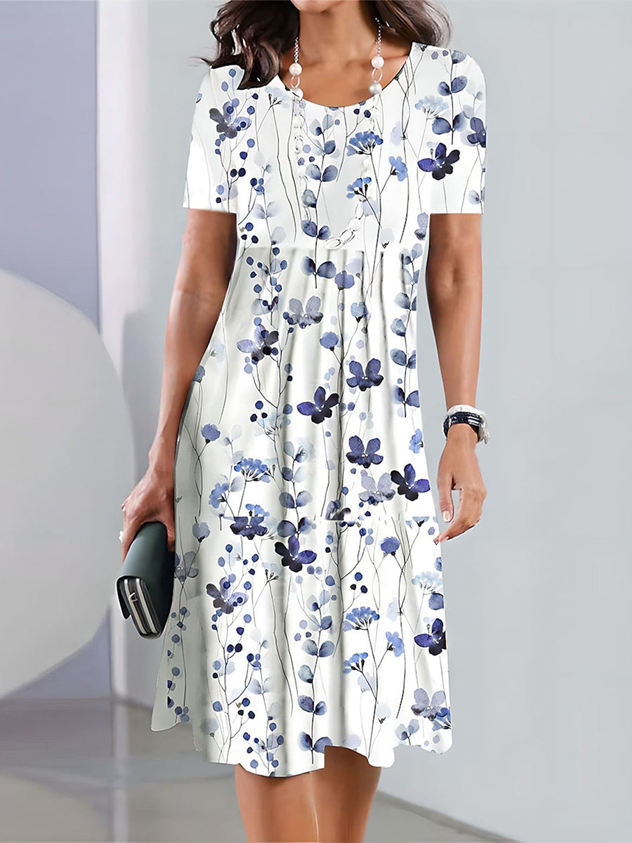 Crew Neck Short Sleeve Loose Fit Floral Midi Dress