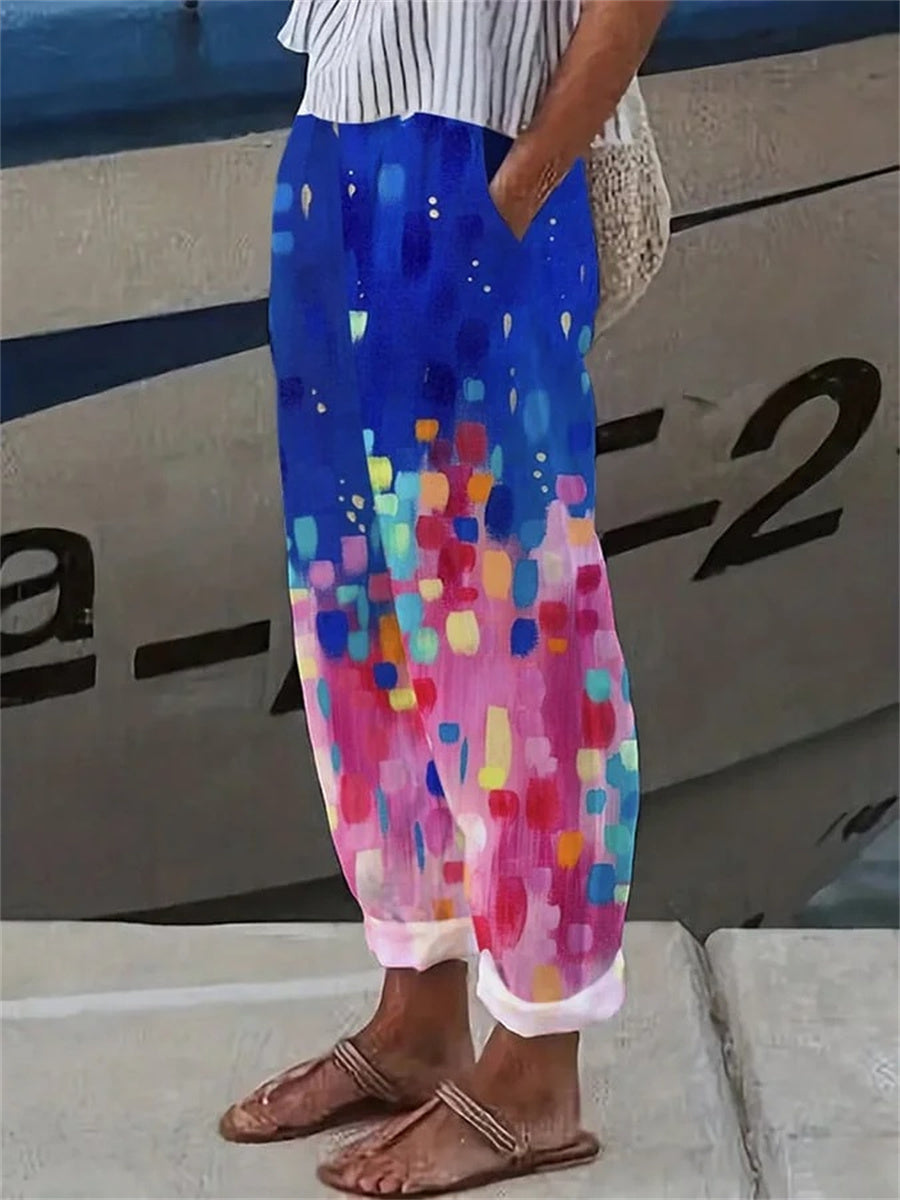 Pantalon décontracté ample à lacets et taille élastique, orné de motifs color block pour femme