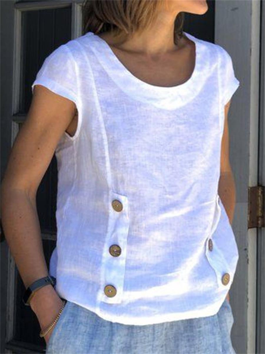 Chemisier blanc décontracté à col rond et manches courtes