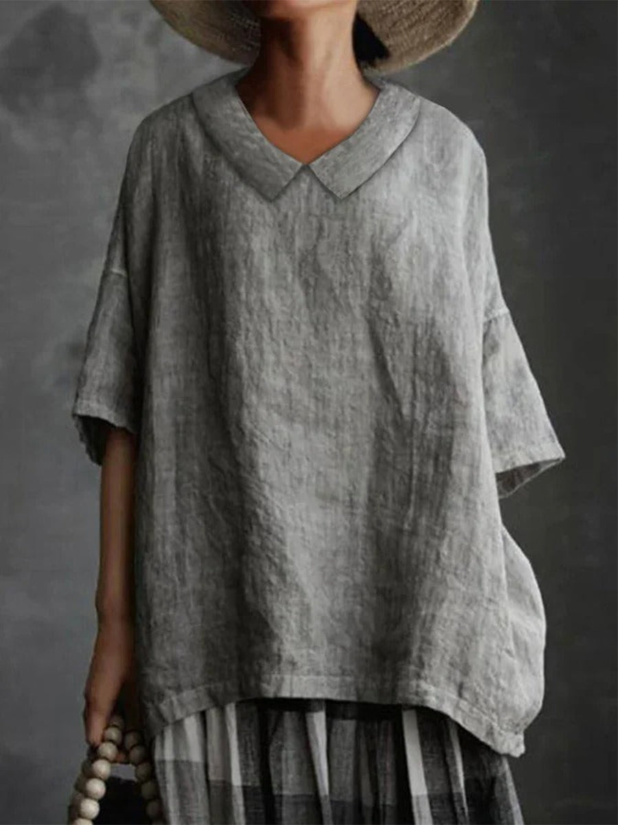 Schlichtes Baumwoll-Freizeithemd mit V-Ausschnitt und halben Ärmeln