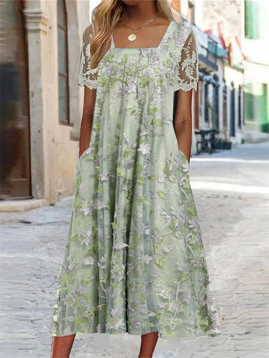 Robe midi à manches courtes et col carré pour femme, imprimée de fleurs et ornée de dentelle.