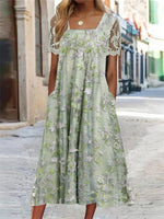 Robe midi à manches courtes et col carré pour femme, imprimée de fleurs et ornée de dentelle.