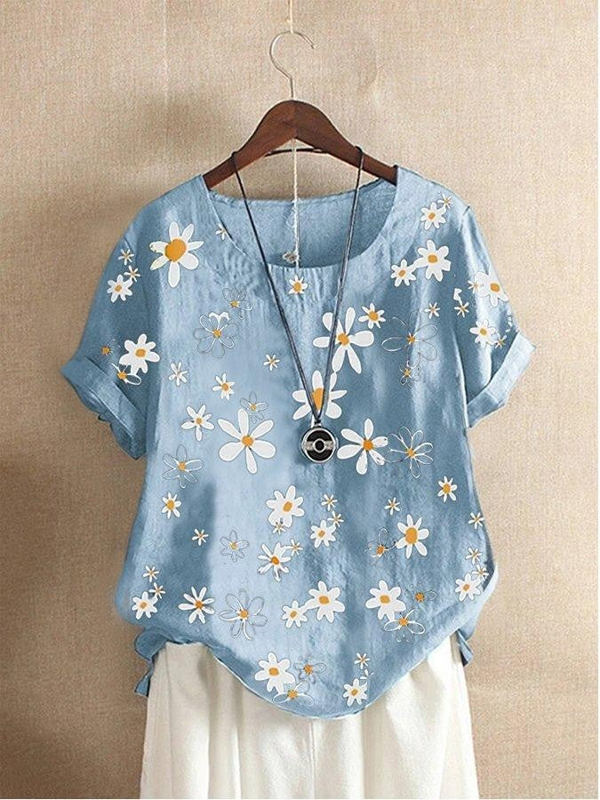 Women’s Summer Daisy Print Casual Short Sleeve Loose Blouse
