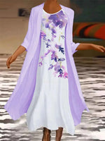 Robe violette décontractée à col rond et imprimé floral pour tous les jours