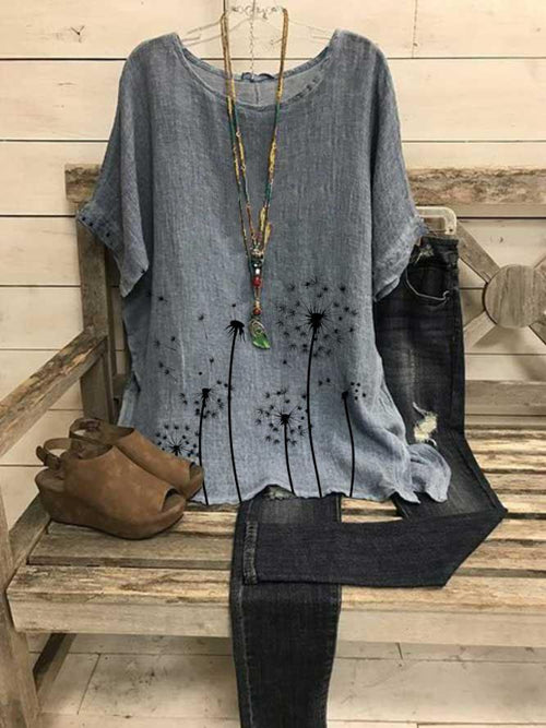 Women’s Dandelion Print Loose Short Sleeve Summer Top