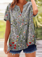 Haut à manches courtes et col en V gris rétro à imprimé floral