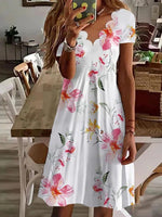 Women’s Scallop Neck Floral Print Short Sleeve A-Line Summer Dress