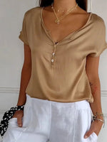 T-shirt uni à manches courtes et col en V boutonné
